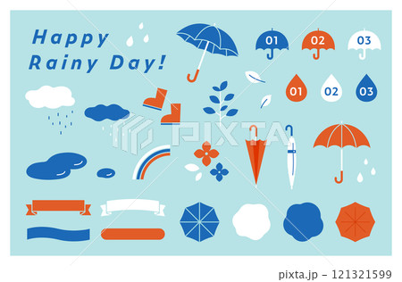 雨の日と梅雨のイラストとフレームのセット　傘　あしらい　飾り　装飾　雨の日　レイングッズ　天気　雨雲 121321599