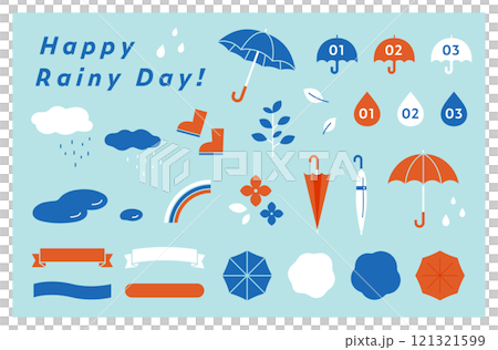 雨の日と梅雨のイラストとフレームのセット　傘　あしらい　飾り　装飾　雨の日　レイングッズ　天気　雨雲 121321599