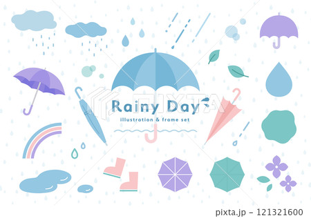 雨の日と梅雨のイラストとフレームのセット　傘　あしらい　飾り　装飾　雨の日　レイングッズ　天気　雨雲 121321600