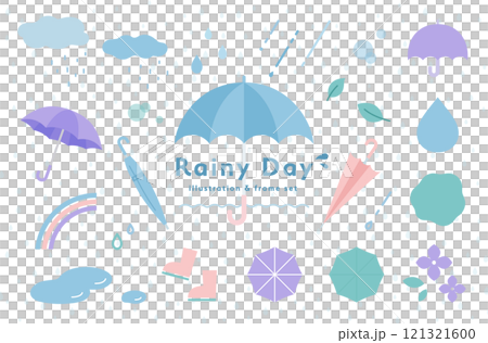 Set of illustrations and frames of rainy days and rainy season Umbrella Decoration Decoration Rainy day Rain goods Weather Rain clouds 121321600