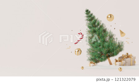 3D render, Happy new year and Merry Christmas scene with festive Christmas tree, golden ornaments and wrapped gifts on snow. 3D render, Happy new year and Merry Christmas scene with festive Christmas tree, golden ornaments and wrapped gifts on snow. 121322079