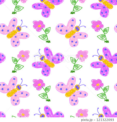 Colorful Hand-Drawn Butterflies and Flowers Pattern Colorful Hand-Drawn Butterflies and Flowers Pattern 121322093