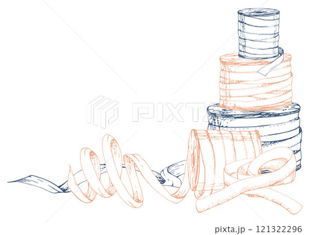 Sewing craft embroidery supplies. Hand drawn ink vector illustration. Threads ribbons spools bobbins fabric. Frame isolated on white background. Design atelier, tailor, hobby shop, fashion boutique Sewing craft embroidery supplies. Hand drawn ink vector illustration. Threads ribbons spools bobbins fabric. Frame isolated on white background. Design atelier, tailor, hobby shop, fashion boutique 121322296