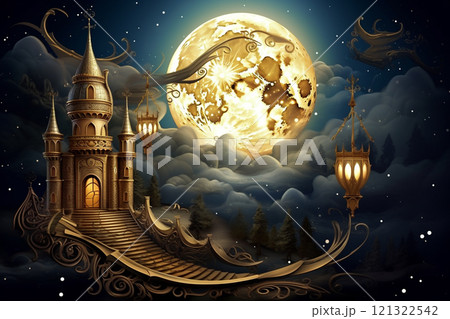 Banner consisting from traditional species accessories for celebration holiday Ramadan, Ai generated Banner consisting from traditional species accessories for celebration holiday Ramadan, Ai generated 121322542