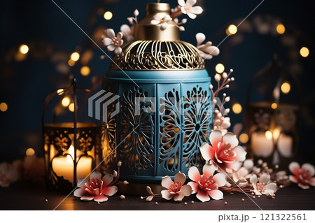 Banner consisting from traditional species accessories for celebration holiday Ramadan, Ai generated 121322561