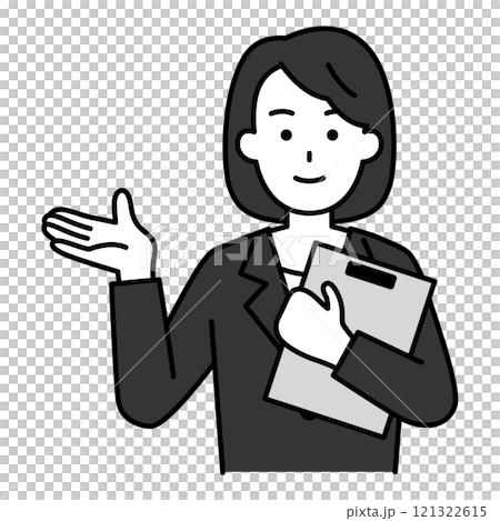 身穿黑色西裝的女人拿著剪貼板並引導 121322615