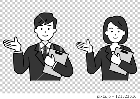 Set of men and women in black suits holding clipboards and giving directions 121322616