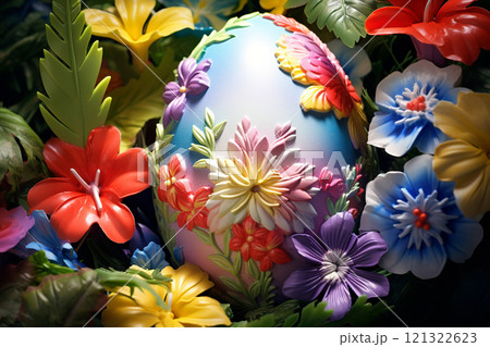Generative ai on theme celebration holiday Easter with bright eggs are main accessory at abstract background 121322623