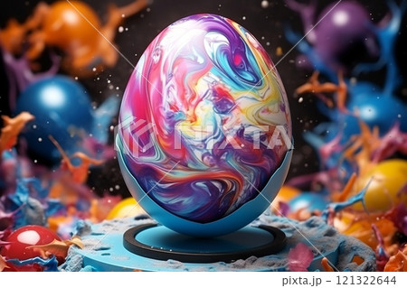 Generative ai on theme celebration holiday Easter with bright eggs are main accessory at abstract background 121322644