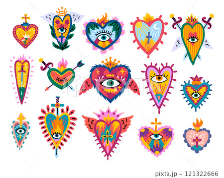Cartoon Color Different Sacred Mexican Hearts Icons Set Day of Dead Holiday Concept Flat Design Style. Vector illustration 121322666