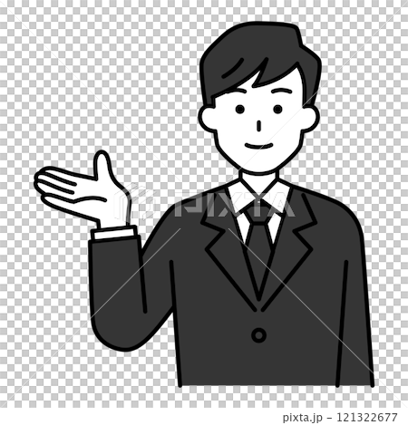 右手で案内する黒いスーツの男性 121322677