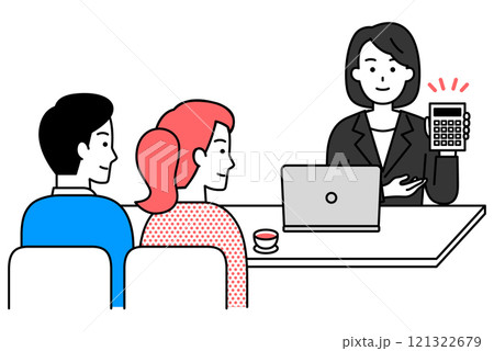 若い夫婦に見積りを提案する黒いスーツの女性 若い夫婦に見積りを提案する黒いスーツの女性 121322679