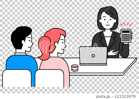 一位身穿黑色西裝的女士向一對年輕夫婦提供報價 一位身穿黑色西裝的女士向一對年輕夫婦提供報價 121322679