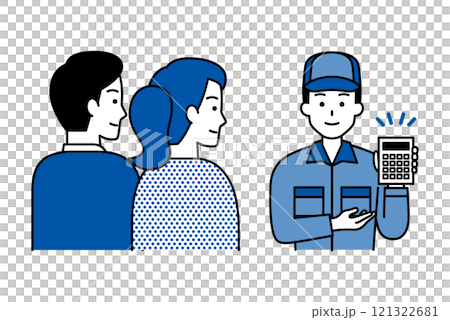 A man in overalls proposing an estimate to a young couple A man in overalls proposing an estimate to a young couple 121322681