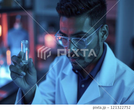 Closeup portrait of male scientist holding test tube with intense look while doing experiments in futuristic laboratory with blue neon lights copy space Closeup portrait of male scientist holding test tube with intense look while doing experiments in futuristic laboratory with blue neon lights copy space 121322752