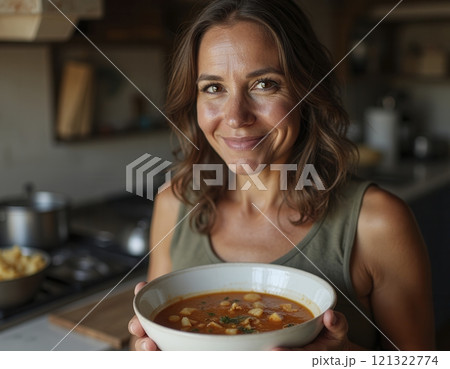 Waist up portrait of smiling adult woman holding bowl of homemade soup and looking at camera in cozy kitchen with homey atmosphere 121322774