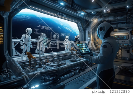 Advanced humanoid robots performing complex technical tasks in high-tech space station equipped with modern technology looking out at Earth in background 121322850