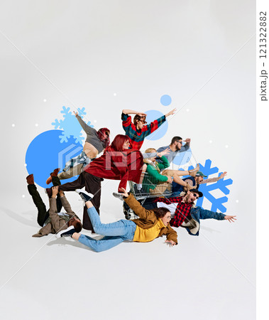 Dynamic group of people falling and reaching towards discounts, symbolizing enthusiasm and rush for winter sales. Dynamic group of people falling and reaching towards discounts, symbolizing enthusiasm and rush for winter sales. 121322882