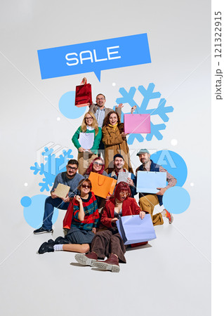 Cheerful group holding colorful shopping bags, standing against backdrop of snowflakes and SALE speech bubble. Cheerful group holding colorful shopping bags, standing against backdrop of snowflakes and SALE speech bubble. 121322915