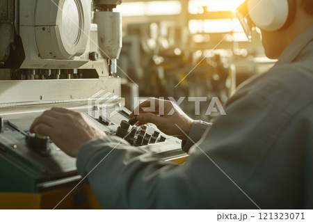 Worker adjusting controls on industrial machinery in a well-lit manufacturing facility spread with various equipment and tools 121323071