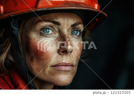 Portrait of woman wearing red construction helmet and gazing intently. Wearing construction gear and showing determination in facial expression Portrait of woman wearing red construction helmet and gazing intently. Wearing construction gear and showing determination in facial expression 121323103