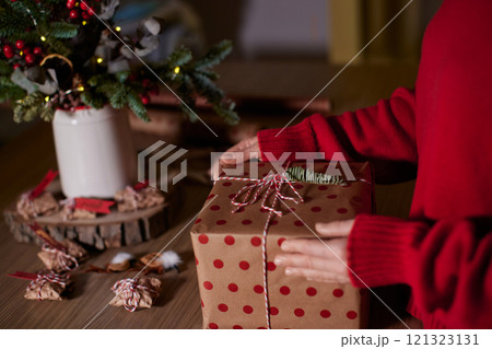 female hands holding Christmas gift box at home, New Year's Eve 121323131