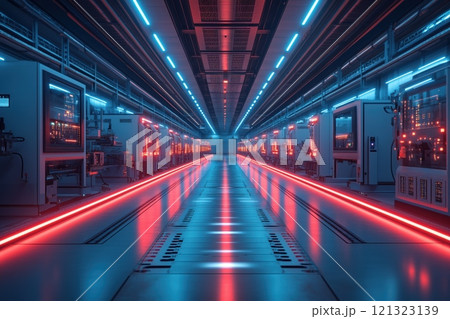 Long, futuristic corridor illuminated by vibrant blue and red lights, leading to a central point. Rows of advanced servers and equipment line both sides of the corridor 121323139