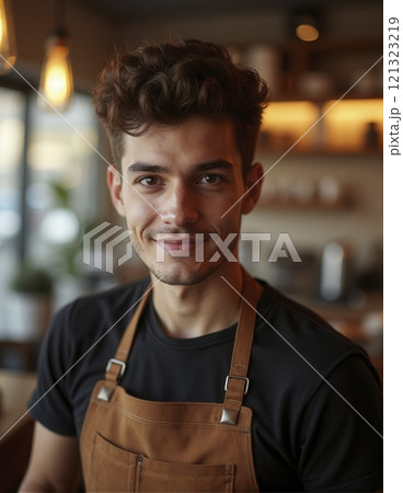Portrait of smiling barista wearing apron in cozy coffee shop surrounded by ambient lighting and well-arranged decor. Warm and welcoming atmosphere, with barista happily engaging 121323219