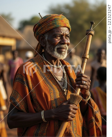 Elderly man holding a traditional staff while participating in cultural event, surrounded by people in the background. Wearing colorful, traditional attire 121323247