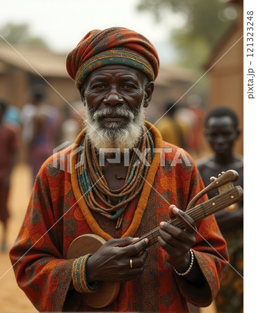 Portrait of elderly African man wearing traditional colorful attire and holding a musical instrument against a blurred village backdrop displaying cultural richness 121323248