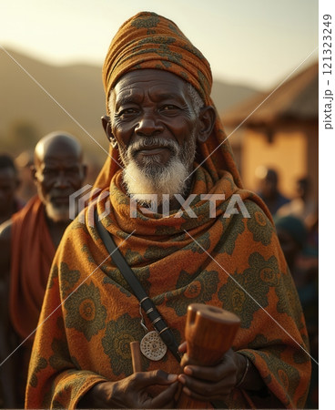 Elderly African man wearing traditional attire standing outdoors with a wooden staff, smiling warmly, surrounded by a village setting in background 121323249