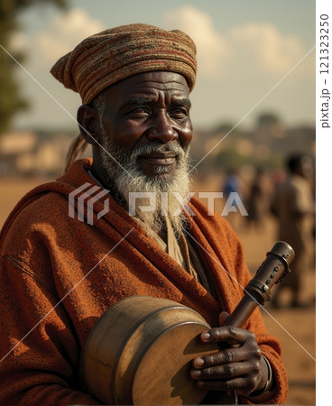 Portrait of elderly man from African culture smiling while holding traditional instrument in rural area with people in background. Wearing traditional attire and headwear 121323250
