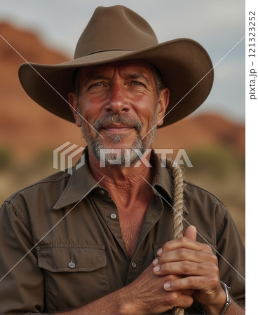 Portrait of senior man wearing wide-brimmed hat, holding rope, smiling warmly, standing in desert landscape with red rock formations in background 121323252