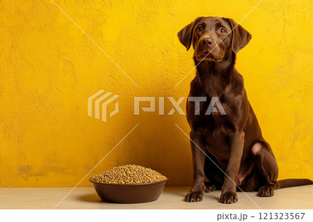 Dog sitting near bowl with dry feed on yellow background 121323567