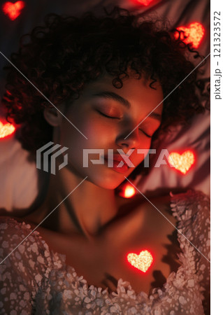 Sleeping woman surrounded by glowing red hearts 121323572