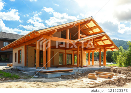 Wooden house frame under construction on a sunny day 121323578