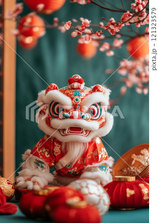 Chinese Lion Dance Head with Festive Decorations 121323579