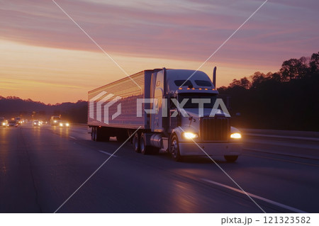 Semi truck driving on highway at sunset 121323582
