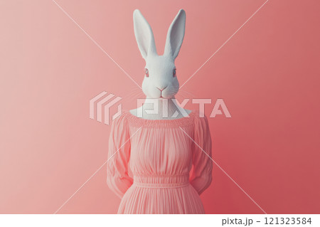 Woman with rabbit head wearing dress against pink background 121323584
