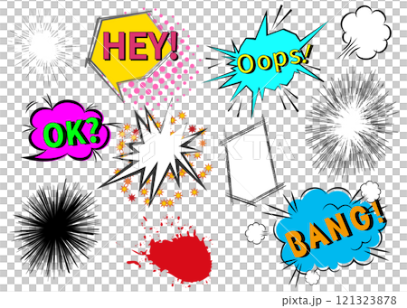 American comic style speech bubble, concentration line, manga sound effect, pop explosion illustration set 121323878