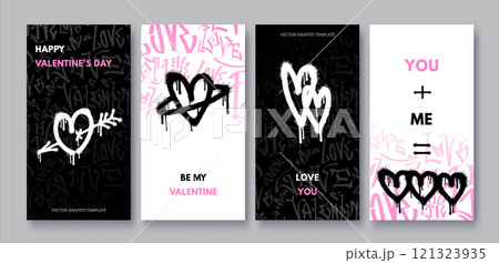 Set of valentines day covers, banners, greeting cards in graffiti style. Grunge hand drawn backgrounds, spray paint hearts, love symbols. Happy Valentines Day postcards, templates, social media, print 121323935