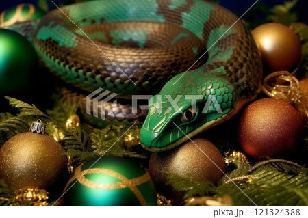 Christmas gold and green balls and green snake. Symbol of the 2025 year. Generated AI 121324388