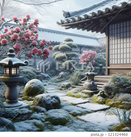 和の美を映す雪景色と椿 和の美を映す雪景色と椿 121324460