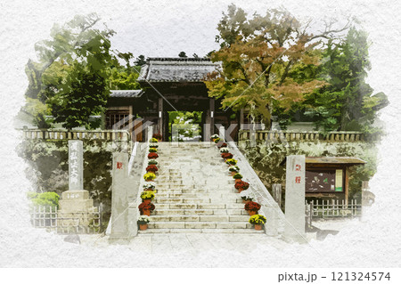 水彩画風　伊豆修善寺　修禅寺　山門　静岡県伊豆市 121324574
