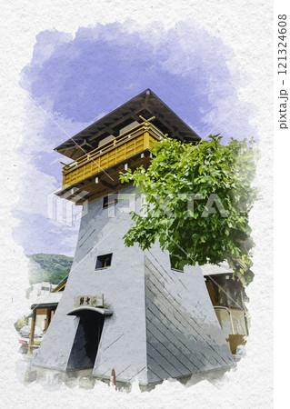 水彩画風　伊豆修善寺　筥湯　静岡県伊豆市 121324608