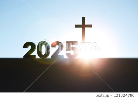 Bright rising sun and new year 2025 sunrise and shining holy cross of jesus christ with church background and gospel and faith concept 121324790
