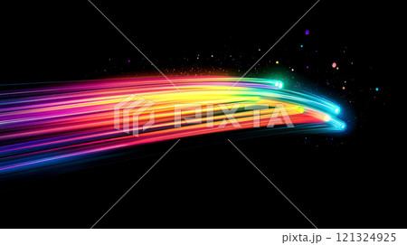 黒背景にスピード感のある虹色の光の直線 黒背景にスピード感のある虹色の光の直線 121324925