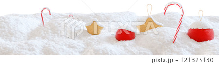 Snow-covered landscape with fluffy mounds of snow and Christmas decoration, isolated on white background. Ideal for use as footer in winter-themed designs, holiday promotions, seasonal graphic. 3D. 121325130