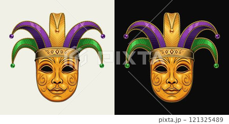 Carnival golden venetian face mask with jester tomfool hat. Mardi gras themed detailed illustration in vintage style. Front view. 121325489