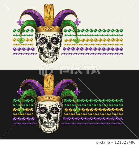 Horizontal striped Mardi Gras label with human skull in jester harlequin hat, fleur de lis symbol, strings of beads. For prints, clothing, t shirt design. Vintage style 121325490